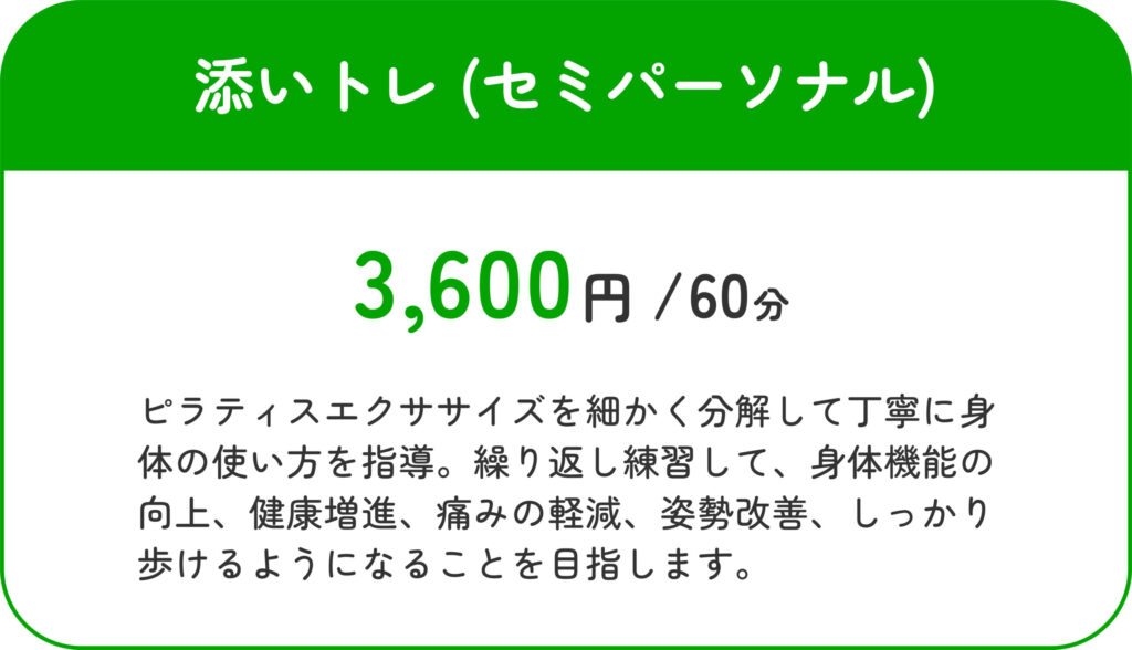添いトレ（セミパーソナル）60分3600円ピラティスエクササイズを細かく分解して丁寧に体の使い方を指導。繰り返し練習して、身体機能向上、健康増進、痛みの軽減、姿勢改善、しっかり歩けるようになることを目指します。